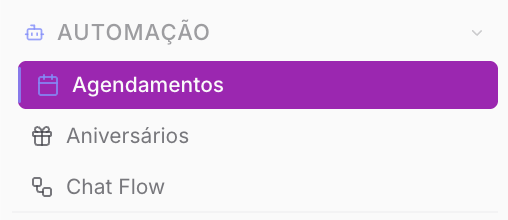 Menu Automação apontando para Agendamentos