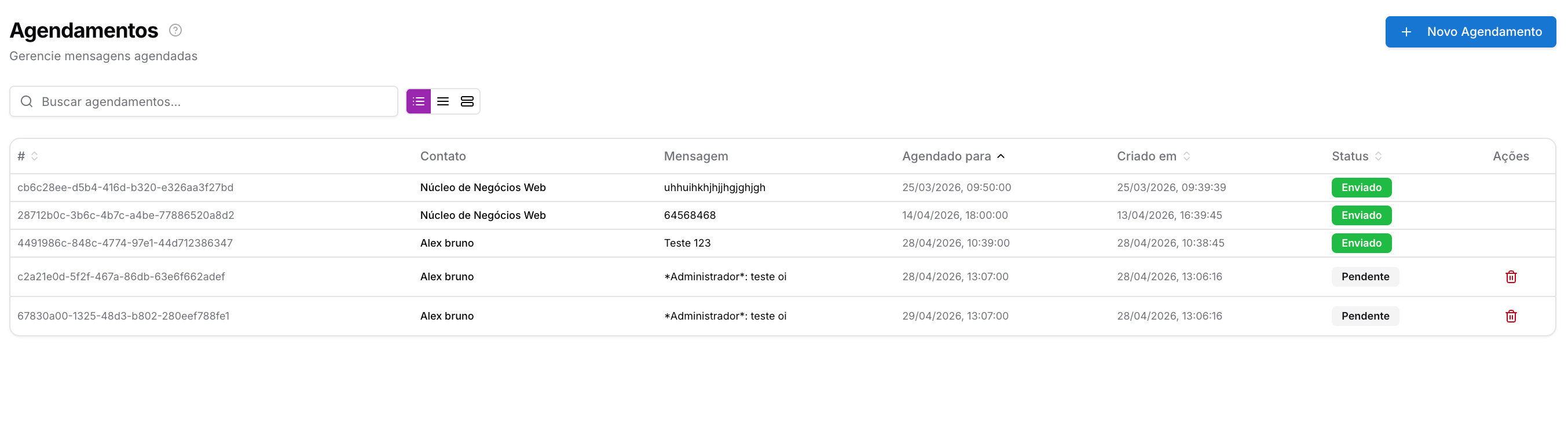 Lista de agendamentos no painel